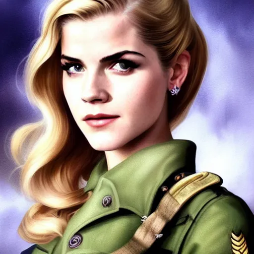 Image similar to A combination of Katheryn Winnick's and Grace Kelly's and Emma Watson's appearances as a WW2 soldier, full body portrait, western, D&D, fantasy, intricate, elegant, highly detailed, digital painting, artstation, concept art, matte, sharp focus, illustration, art by Artgerm and Greg Rutkowski and Alphonse Mucha