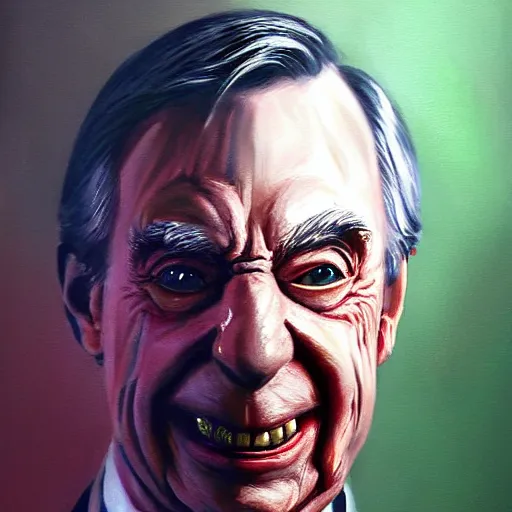 Image similar to hyper realistic portrait painting of evil mr. rogers as freddy krueger, painted by greg rutkowski, wlop, artgerm