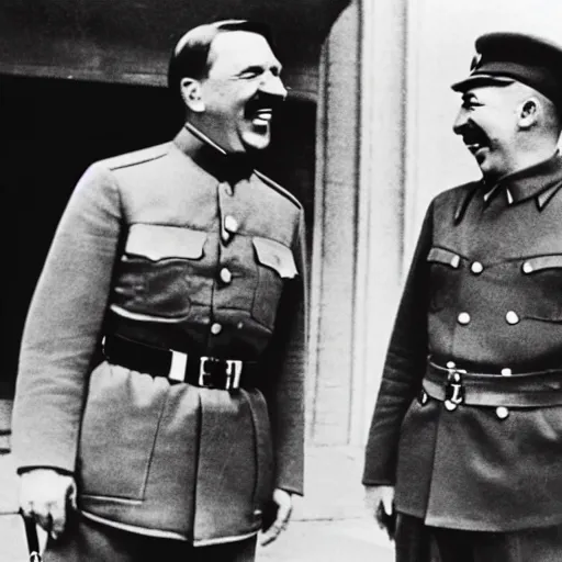 Prompt: hitler and stalin laughing out loud after ww 2