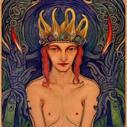 Image similar to the tentacle crown, by Annie Swynnerton and Nicholas Roerich! and (((Diego Rivera))) and (((Edmund Dulac))), bioluminescent skin, tattoos, elaborate costume, geometric ornament, symbolist, rich colors, dramatic lighting, smooth, sharp focus, extremely detailed