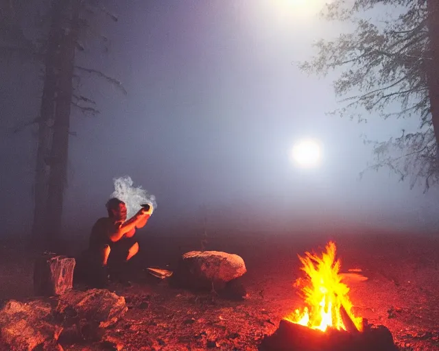 Prompt: spartan drinking tea at campfire with trichocereus background and smoke haze, wolf howling at full moon, photo in the style of the celestine prophecy
