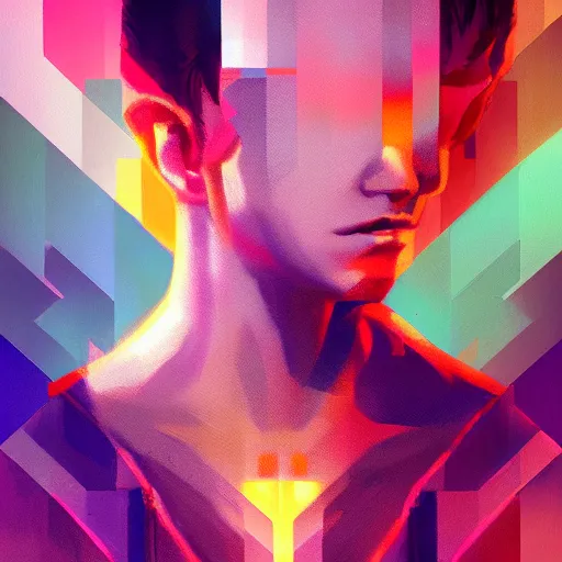 Prompt: a tetris head main character, powerful digital glitch aura, by ross tran, oil on canvas