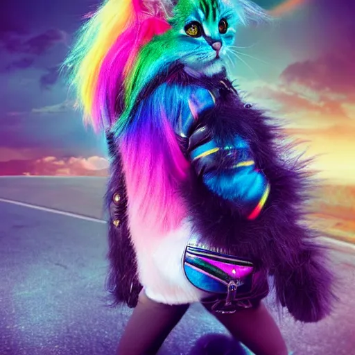 Image similar to wide angle full body, jacket wearing fluffy cute rainbow kitten wearing a black leather motorcycle jacket, cinematic concept art