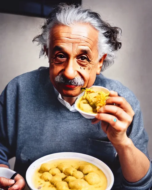 Image similar to A photo of Albert Einstein eating Pani Puri, highly detailed, trending on artstation, bokeh, 90mm, f/1.4