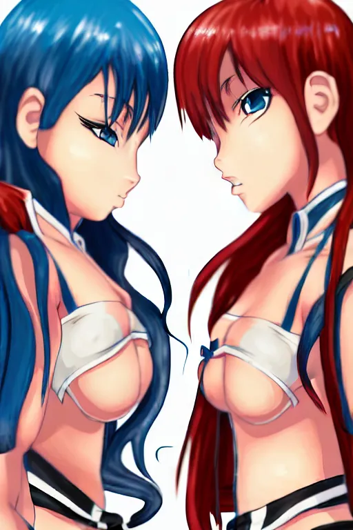 Image similar to two beautiful female fighters with pigtails facing each other, detailed anime art