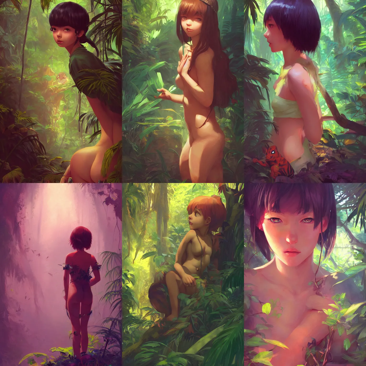 Prompt: a portrait of a cute jungle explorer, dark jungle setting, vivid colors, soft lighting, atmospheric, cinematic, moody, in the style of ilya kuvshinov and range murata, krenz cushart, rule of thirds, oil on canvas, 8 k