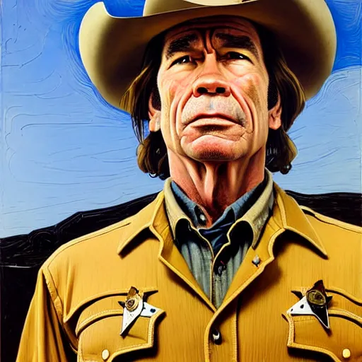 Image similar to portrait of tommy lee jones as sheriff ed tom bell in no country for old men. 7 0 s cowboy clothes and environment. flat colours. warm colours. oil painting by lucian freud. path traced, highly detailed, high quality, j. c. leyendecker, drew struzan tomasz alen kopera, peter mohrbacher, donato giancola