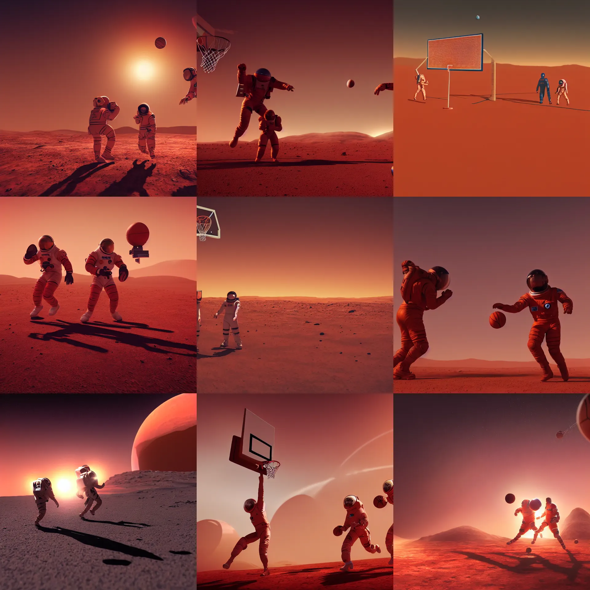 Prompt: Two astronauts playing basketball on the surface of mars, red and orange sunset sky background, digital art, octane render, 8K, dramatic lighting, cinematic ambient lighting