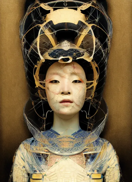 Prompt: portrait of a futuristic geisha, kintsugi, modern fine art, fractal, intricate, elegant, highly detailed, digital photography, subsurface scattering, by jheronimus bosch and greg rutkowski,