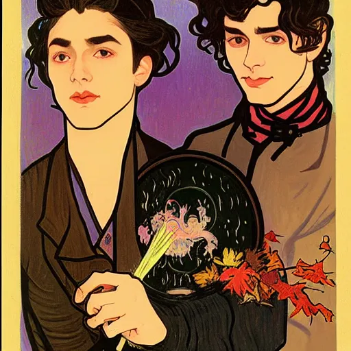 Image similar to painting of young cute handsome beautiful dark medium wavy hair man in his 2 0 s named shadow taehyung and cute handsome beautiful min - jun together at the halloween witchcraft party using bubbling cauldron, spells, autumn colors, elegant, ritual, stylized, soft facial features, delicate facial features, art by alphonse mucha, vincent van gogh, egon schiele