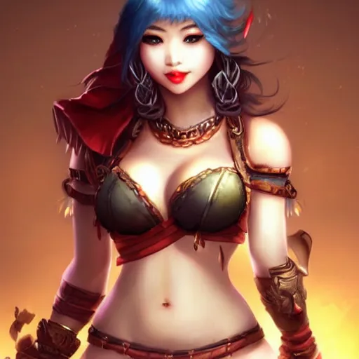 Prompt: very beautiful asian female barbarian, smiling, flirty, eye contact, perfect face, perfect body, drawn by artgerm