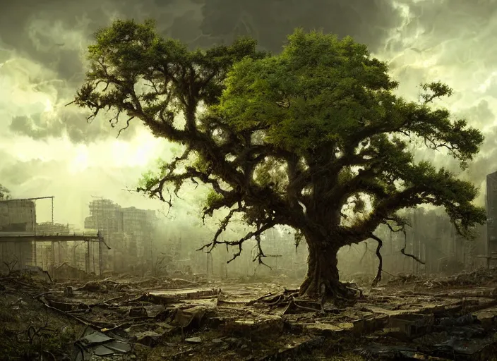 Prompt: oak tree growing in the rubble of a post - apocalypse city wasteland, gray dull background, vibrant colorful green leaves, hyperrealistic, very detailed leaves, sharp focus, highly detailed, cinematic, ray of golden sunlight, digital art, soft lightning, muted colors, oil painting by greg rutkowski
