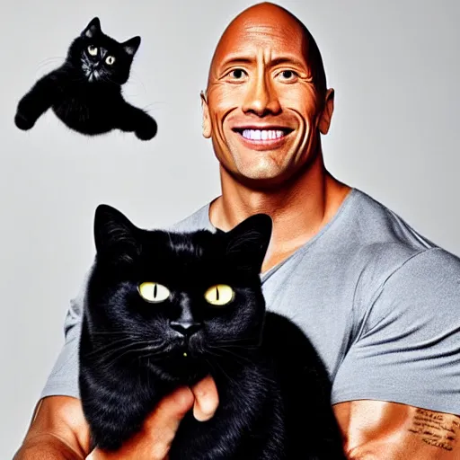 Image similar to dwayne johnson holding a black cat, studio lighting, promotional photograph