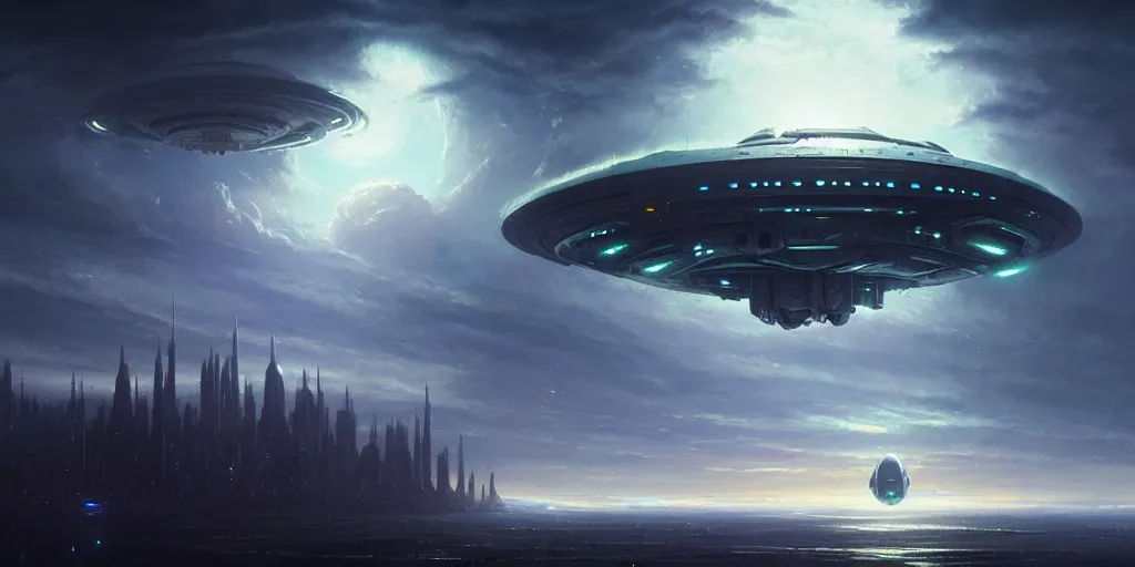 Image similar to alien mothership hovering in the sky above city, ultra high definition, sci - fi, fantasy, by greg rutkowski