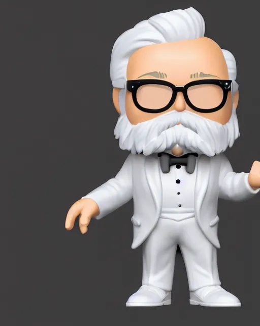 Image similar to full body 3 d render of col sanders as a funko pop!, four, studio lighting, white background, single body, no shadow, blender, trending on artstation, 8 k, highly detailed