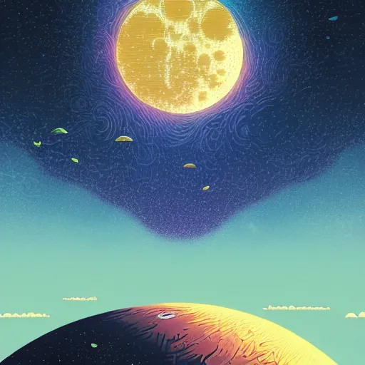 Prompt: harvest moon floating on cosmic cloudscape full of million fireflies, futurism, dan mumford, victo ngai, kilian eng, da vinci, josan gonzalez - h 8 9 6