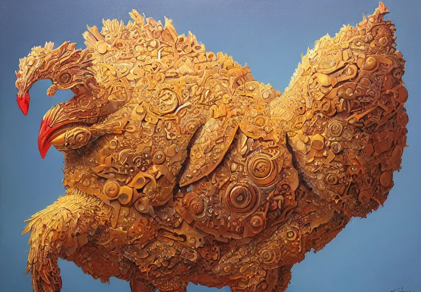 Prompt: a fractal biomechanical chicken, conceptual sculpture, intricate detail, volumetric shadows and lighting, realistic oil painting by tim hildebrandt,