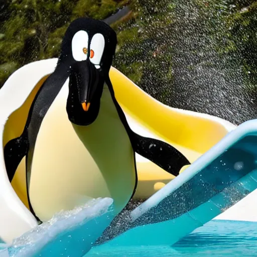 Image similar to a cartoon penguin going down a waterslide