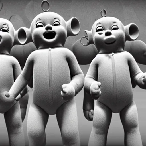 Image similar to A group of 4 Teletubbies, laughing as they make a human sacrifice for their demonic cult in their Teletubby temple. Highly detailed, rendered in unreal engine 5, daguerreotype portrait.