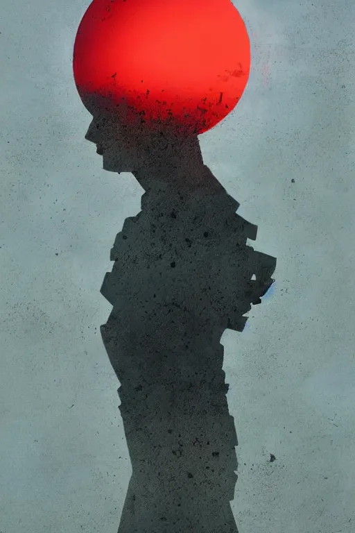 Prompt: random metal pieces forming the shape of a person silhouetted by a red sun, smooth, sharp focus, 24mm lens, DOF, abstract, art by Artem Demura and Greg Rutkowski and Ruan Jia and Norman Rockwell