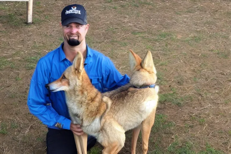 Image similar to anthropomorphic dingo man at his wolf job, day one