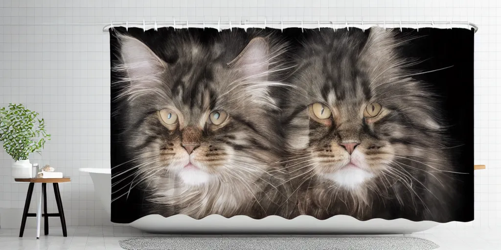 Image similar to shower curtain product catalog. on the curtain is a watercolor with ink under drawing of a maine coon kitten. wide - angle product photography, product lighting. 4 k, highly detailed. saturated.