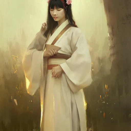 Image similar to oil painting girl wearing hanfu, herb rose, by greg rutkowski, artstation