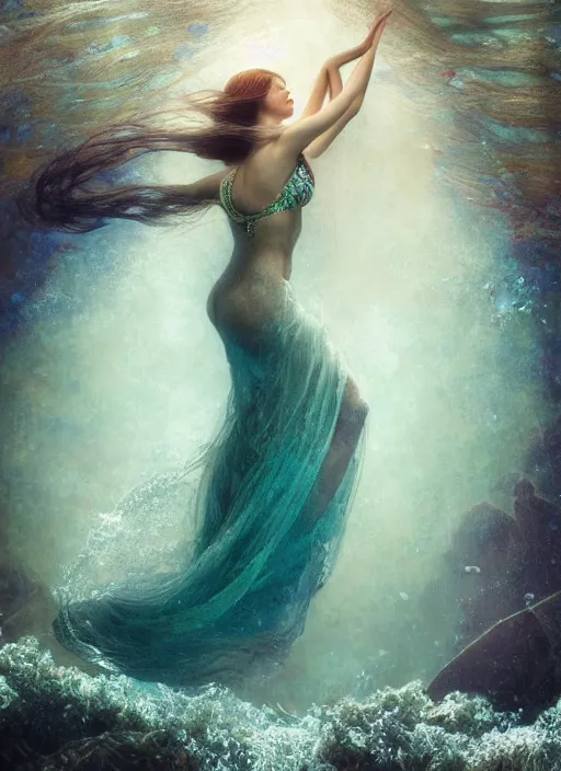 Image similar to hyper realist matte digital painting of a beautiful woman, beautiful face, underwater photography, full body, jugendstill, floating in water, flowing gown, bubbles rising, seaweed, headspace, fairytale, fantasy art, photo realistic, dynamic lighting, artstation, volumetric lighting, by mucha, by charlie bowater, by karol bak, by alma tadema