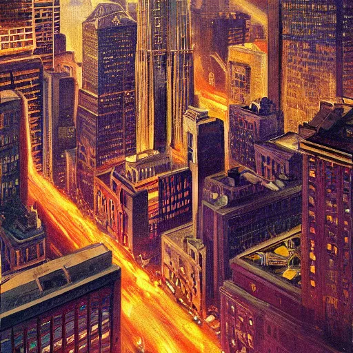 Prompt: muted color ultra realistic painting of 1 9 2 5 boston downtown at night in doctor strange's mirror dimension, aerial view, dark, brooding, night, atmospheric, horror, cosmic, ultra - realistic, smooth, highly detailed in the style of clyde caldwell