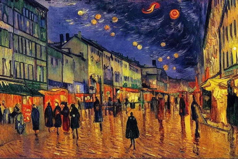 Image similar to dream festival in a city, low angle view from a city street lined with shops and apartments, glowing street signs, revelers playing games and shopping at a night market, oil painting by edvard munch, van gogh