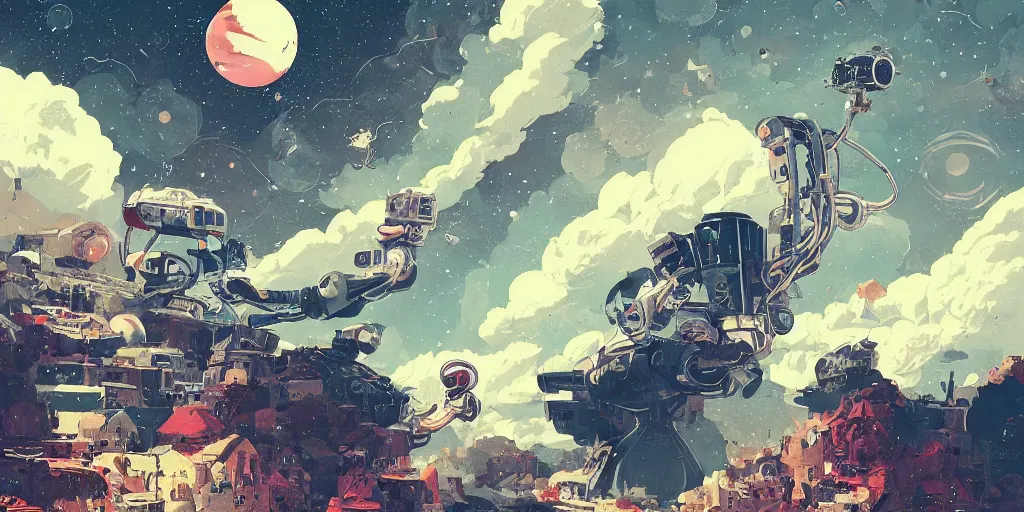 Image similar to colorful mcbess illustration of a robot trying to paint the universe, intricate complexity, by greg rutkowski, artgerm, ross tran, conrad roset, takato yomamoto, ilya kuvshinov, 8 k, beautiful, cinematic dramatic atmosphere