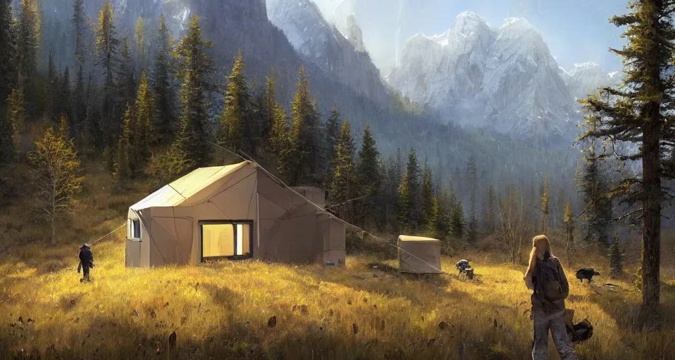 Image similar to cabela's beautiful comfortable modular insulated container home wall kit - house all weather family dwelling tent house, person in foreground, mountainous forested wilderness open fields, beautiful views, painterly concept art, environmental concept art, concept art illustration, by james gurney, by craig mullins, by greg rutkowski trending on artstation