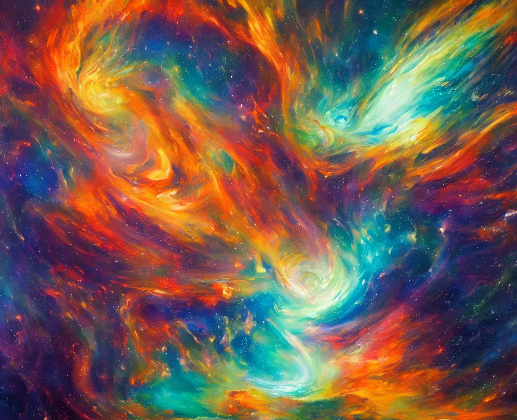 Image similar to an abstract oil painting of an unbelievably beautiful space nebula ; swirling sheets of light and fire ; hyper - detailed ; an extraordinary masterpiece!!! ; flawless ; trending on artstation