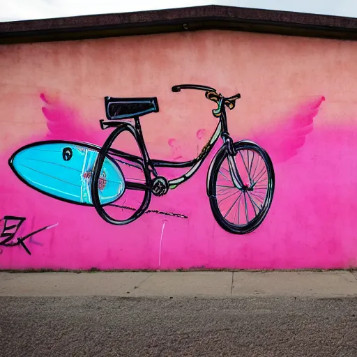 Prompt: a grafitti of a bicycle with a surfboard, pink and orange, street art by Etam Cru and Madsteez, Jessie unterholder, katey truhn