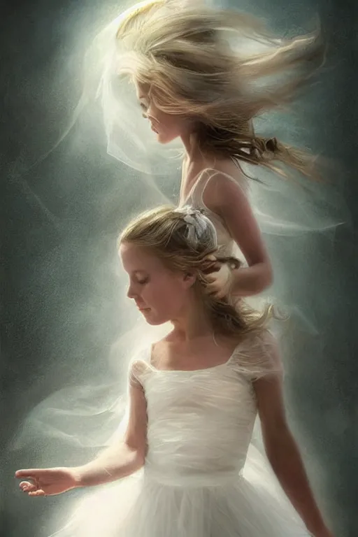 Image similar to very beautiful little girl dancing in the wind, beautiful face, ethereal, bride, beautiful wedding dress, gorgeous, volumetric lighting, elegant, fluid, ultradetailed, digital painting, concept art, illustration, limited color palette, atmosphere and tension, art by greg olsen and liz lemon swindle