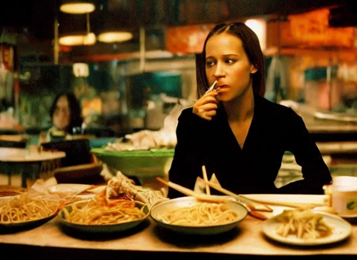 Prompt: A close-up, color cinema film still of a Alicia Amanda Vikander Eating noodles at a Asian food stall, ambient lighting at night, from Matrix(1999).