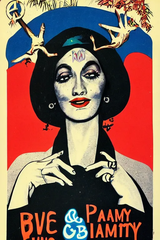 Prompt: poster for peace and love and harmony witch, 1 9 6 0 s