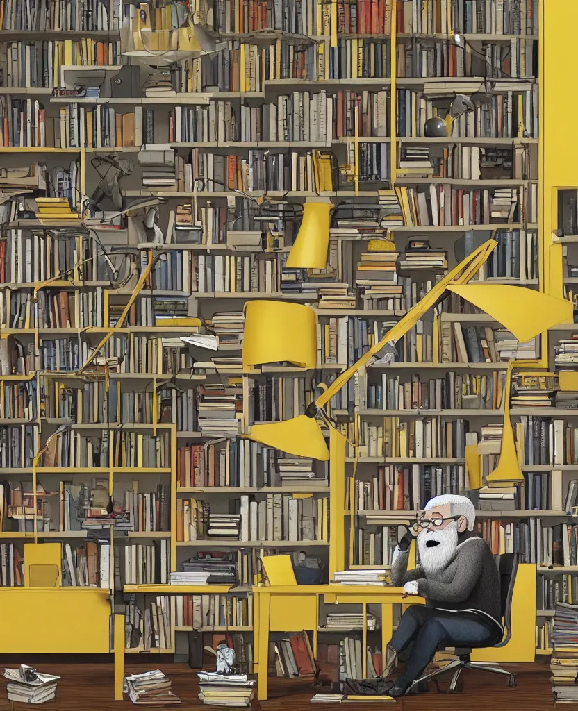 Image similar to Middle-aged professor with a short gray beard and short spiky hair wearing a yellow sweater sits at desk in his study with a expansive bookshelf crammed with books in the background, hyperrealistic, portrait, concept art, illustration, 8k, artstation, digital painting