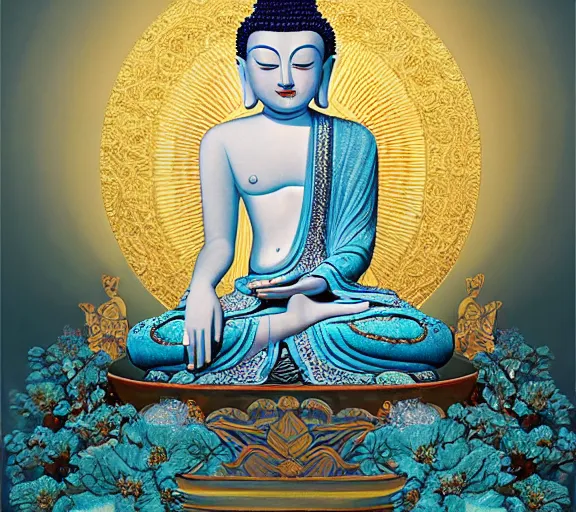 Image similar to breathtaking detailed concept art painting art deco pattern a beautiful buddha with pale skin on sitted on an intricate metal throne light - blue flowers with kind piercing eyes and blend of flowers and birds, by hsiao - ron cheng and john james audubon, bizarre compositions, exquisite detail, extremely moody lighting, 8 k h 1 0 2 4