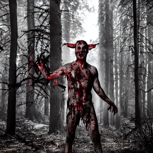 Image similar to big butcher man posing scarily, scary angry pose, covered in blood, fresh kill, cleaver, earie setting, in a forest, horror, hyperdetailed