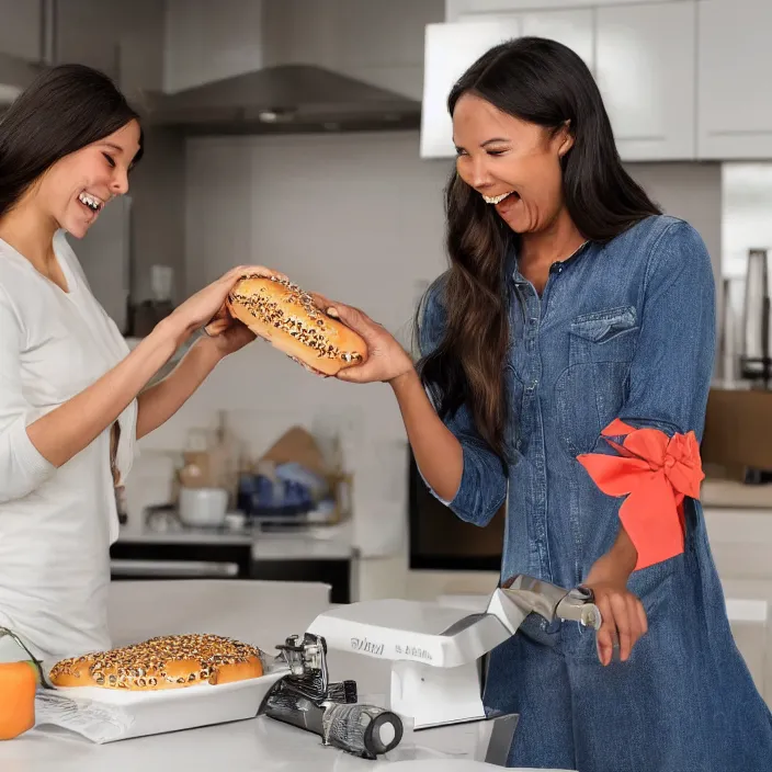 Image similar to a woman that is extremely happy about a young woman receiving her new bagel slicer from the future in the mail from amazon, 8 k,