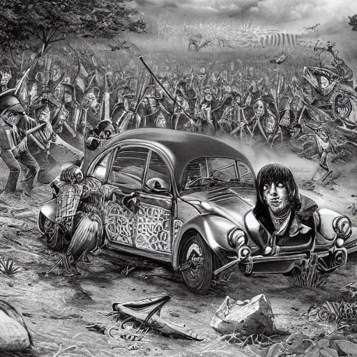 Prompt: highly detailed illustration of a beetle and the beatles battling on the battleground