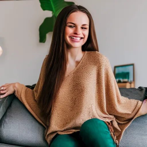 Image similar to Photo of a cute young woman smiling, long shiny bronze brown hair, full round face, emerald green eyes, medium skin tone, light cute freckles, smiling softly, wearing casual clothing, relaxing on a modern couch, interior lighting, cozy living room background, medium shot, mid-shot, soft focus, professional photography, Portra 400