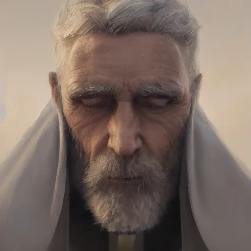 Image similar to An oil painting of a man dressed in priest robes, 50 years old, chad jaw line, short grey hair, trimmed beard, sharp facial features, beautiful, highly detailed, by Cédric Peyravernay, trending on artstation