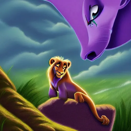 Image similar to super - detailed disney's lion king riding a purple dragon in a storm, ultrarealistic, highly detailed, soft colors