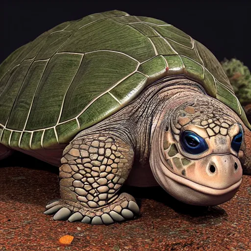 Prompt: Hyperrealistic uncanny valley Turtle in the style of Unreal Engine, hard surface, textured, slimy