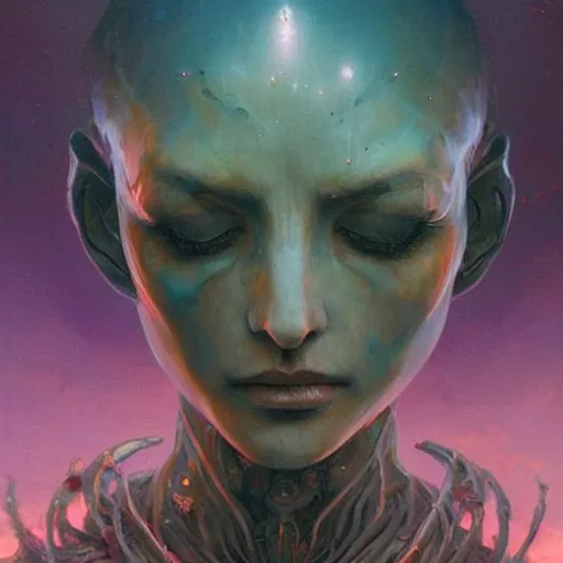 Prompt: an acrylic on canvas portrait painting of a beautiful alien priestess by Greg Rutkowski, Artgerm and Beksinski. Epic fantasy art.