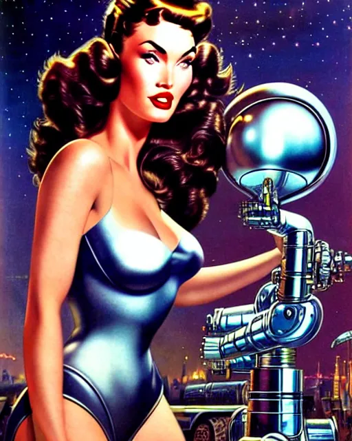 Image similar to closeup beautiful retro space megan fox posing with a chrome robot in dieselpunk city at night, pinup, windblown dark hair, seductive, hyper detailed, digital art, smooth, sharp focus, luis royo, gil elvgren, alberto vargas, 1 9 5 0, when mars attacks