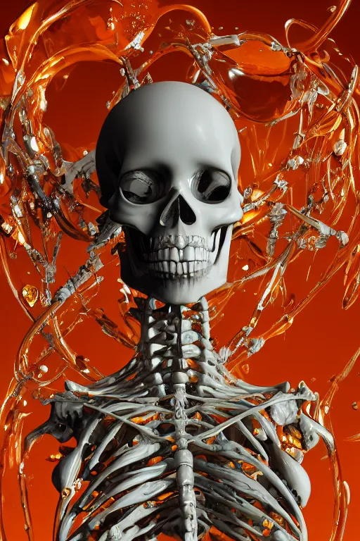 Prompt: epic 3 d abstract model, liquid skull and skeleton spinning, 2 0 mm, with white and cyber orange peanut butter, melting smoothly into asymmetrical bubble bodies, liquid, delicate, beautiful, intricate, houdini sidefx, trending on artstation, by jeremy mann and ilya kuvshinov, jamie hewlett and ayami kojima