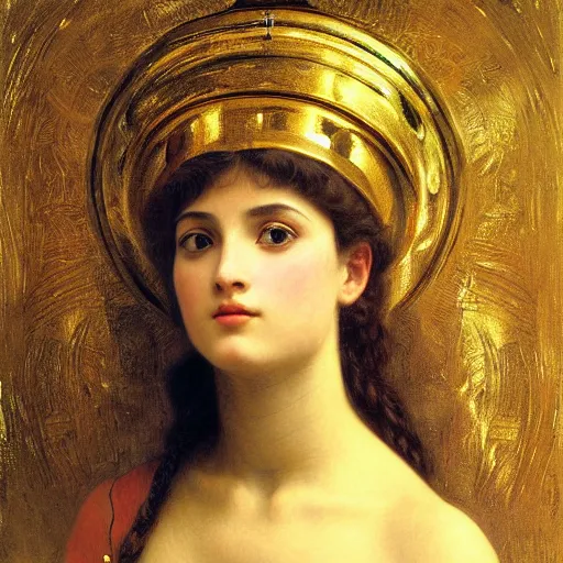 Prompt: painting portrait of Athena goddess, ancient greek culture, intricate, elegant, digital painting, smooth, sharp focus, shiny gold, realistic gold, realistic metal, by William-Adolphe Bouguereau and Gustav Klimt,